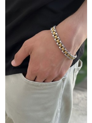 Aslı Kiraz Jewerly 316L Kordon Paslanmaz Çelik Gold Detaylı Erkek Bileklik Gümüş-Gold 316-L-CLK-ERK-BLKLK-GMS-GLD
