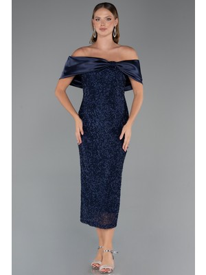 Abiyefon Saten Kayık Yaka Midi Boncuklu Gece Elbisesi ABK2461