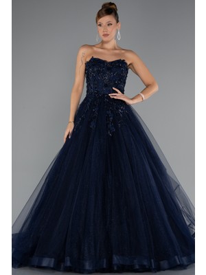 Abiyefon Işlemeli Straplez Uzun Simli Nişan Elbisesi ABU5344