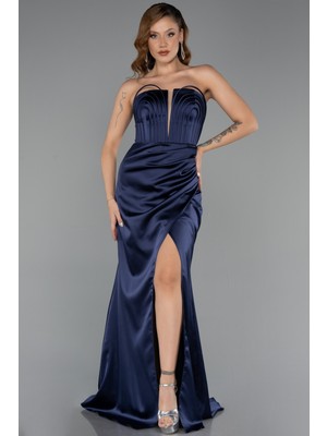 Abiyefon Straplez Yırtmaç Uzun Saten Mezuniyet Elbisesi ABU5417