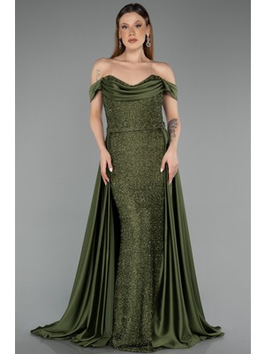 Abiyefon Kayık Yaka Boncuklu Uzun Saten Kuyruklu Abiye Elbise ABU5542