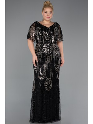 Abiyefon Taşlı Kısa Kol V Yaka Uzun Büyük Beden Abiye ABU5366