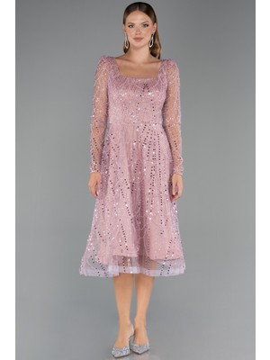 Abiyefon Uzun Kol Kare Yaka Midi Boncuklu Abiye Elbise ABK2469