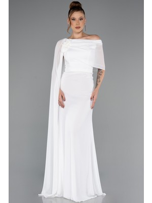 Abiyefon Pelerinli Tek Omuz Uzun Şifon Abiye Elbise ABU5418