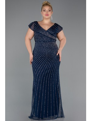 Abiyefon Kayık Yaka Uzun Taşlı Büyük Beden Abiye Elbise ABU5439