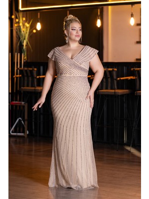 Abiyefon Kayık Yaka Uzun Taşlı Büyük Beden Abiye Elbise ABU5439