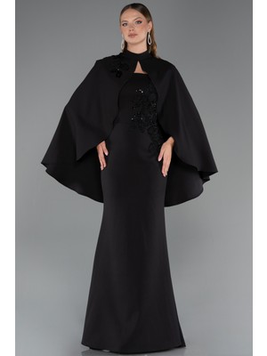 Abiyefon Işlemeli Straplez Yaka Pelerinli Uzun Balık Abiye ABU5485