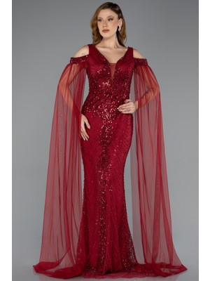 Abiyefon Pelerin Kol Omuz Dekolteli Taşlı Uzun Abiye Elbise ABU5497