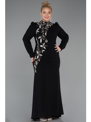 Abiyefon Dik Yaka Uzun Kol Taşlı Büyük Beden Tesettür Abiye ABU5395