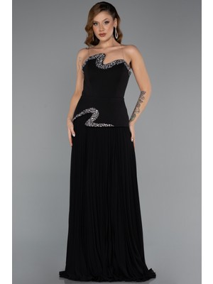 Abiyefon Taşlı Straplez Yaka Ateş Pile Uzun Şifon Abiye ABU5406