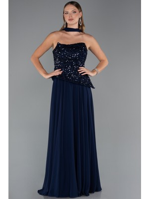 Abiyefon Pullu Straplez Yaka Uzun Şifon Abiye Elbise ABU5486