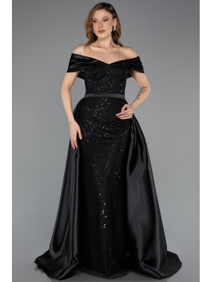 Abiyefon Kayık Yaka Uzun Boncuklu Abiye Elbise ABU5503