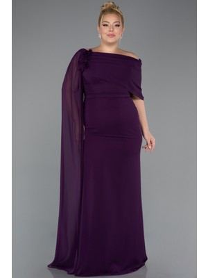 Abiyefon Pelerinli Tek Omuz Uzun Şifon Büyük Beden Abiye ABU5419