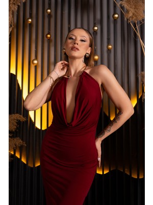 Abiyefon Göğüs ve Bacak Dekolteli Midi Gece Elbisesi ABK2495