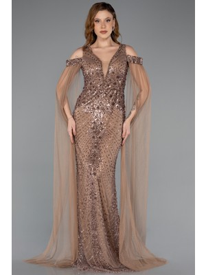 Abiyefon Pelerin Kol Omuz Dekolteli Taşlı Uzun Abiye Elbise ABU5497