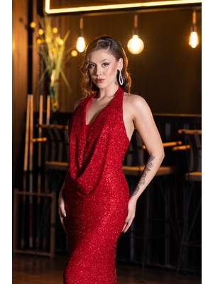 Abiyefon Sırt Dekolte Uzun Boncuklu Balık Abiye Elbise ABU5403