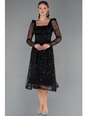 Abiyefon Uzun Kol Kare Yaka Midi Boncuklu Abiye Elbise ABK2469