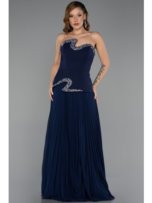 Abiyefon Taşlı Straplez Yaka Ateş Pile Uzun Şifon Abiye ABU5406