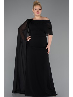 Abiyefon Pelerinli Tek Omuz Uzun Şifon Büyük Beden Abiye ABU5419