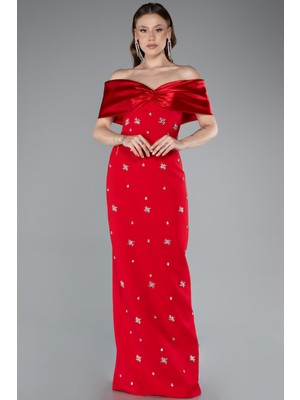 Abiyefon Saten Kayık Yaka Taşlı Uzun Abiye Elbise ABU5436