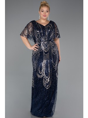 Abiyefon Taşlı Kısa Kol V Yaka Uzun Büyük Beden Abiye ABU5366