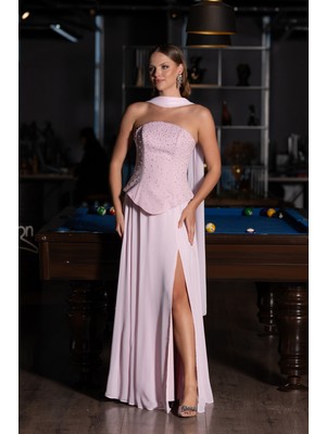 Abiyefon Taşlı Straplez Yaka Yırtmaçlı Uzun Şifon Abiye ABU5484