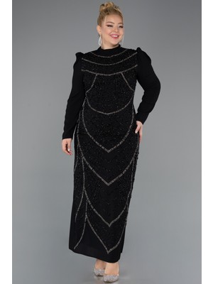 Abiyefon Dik Yaka Taşlı Uzun Büyük Beden Tesettür Abiye ABU5411