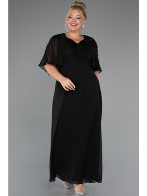 Abiyefon Kısa Kol V Yaka Uzun Şifon Büyük Beden Abiye ABU5333