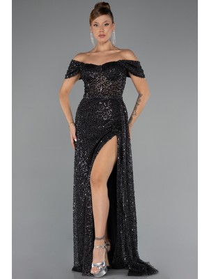 Abiyefon Kayık Yaka Bacak Dekolteli Uzun Pullu Abiye ABU5338