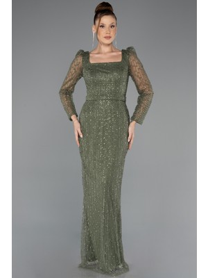 Abiyefon Kare Yaka Uzun Kol Boncuklu Abiye Elbise ABU5431