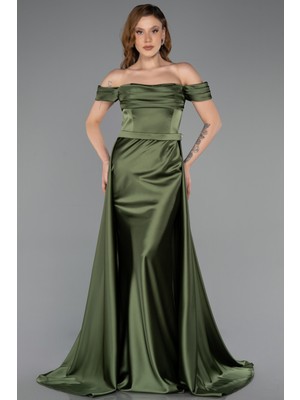 Abiyefon Kayık Yaka Kuyruklu Uzun Saten Balık Abiye ABU5507