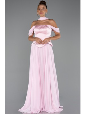 Abiyefon Kayık Yaka Saten Peplum Kesim Uzun Şifon Abiye ABU5327