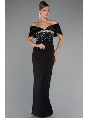 Abiyefon Kayık Yaka Göğsü Taşlı Uzun Abiye Elbise ABU5352