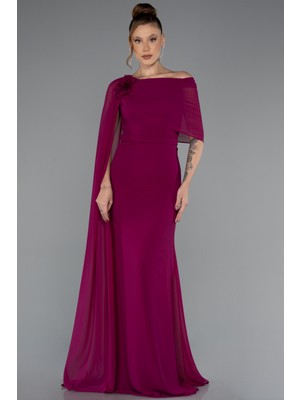 Abiyefon Pelerinli Tek Omuz Uzun Şifon Abiye Elbise ABU5418