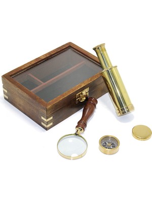 Kaia Ahşap Kutulu Pirinç Pusula Dürbün ve Büyüteç Seti