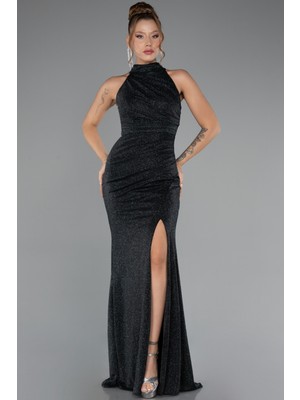 Abiyefon Halter Yaka Yırtmaçlı Uzun Simli Abiye Elbise ABU5368