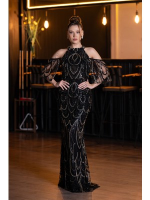 Abiyefon Omuz Dekolteli Uzun Boncuklu Özel Tasarım Abiye ABU5435