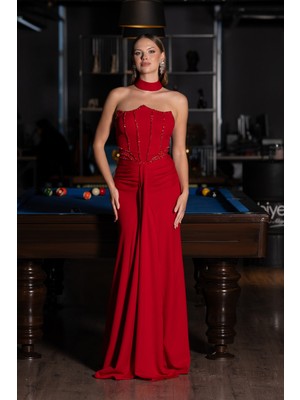 Abiyefon Straplez Taşlı Uzun Abiye Elbise ABU5476