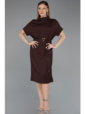 Abiyefon Kısa Kol Dik Yaka Kemerli Midi Davet Elbisesi ABK2494