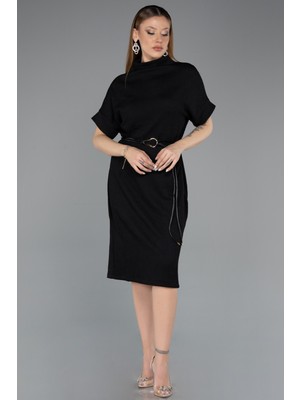 Abiyefon Kısa Kol Dik Yaka Kemerli Midi Davet Elbisesi ABK2494