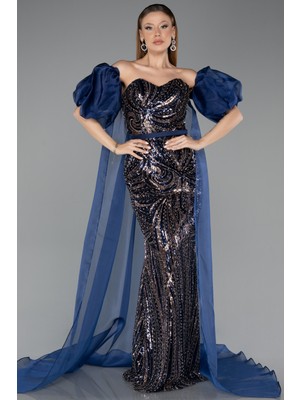 Abiyefon Straplez Pelerin Detaylı Boncuklu Uzun Abiye ABU5537