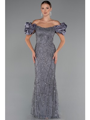 Abiyefon Kayık Yaka Boncuklu Uzun Balık Abiye Elbise ABU5464