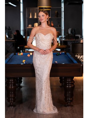 Abiyefon Straplez Boncuklu Uzun Abiye Elbise ABU5477