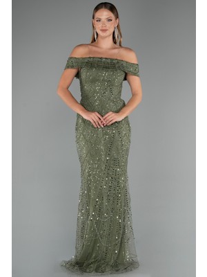 Abiyefon Kayık Yaka Boncuklu Uzun Abiye Elbise ABU5492