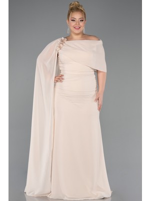 Abiyefon Pelerinli Tek Omuz Uzun Şifon Büyük Beden Abiye ABU5419