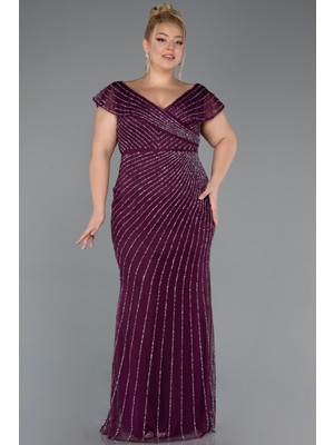 Abiyefon Kayık Yaka Uzun Taşlı Büyük Beden Abiye Elbise ABU5439