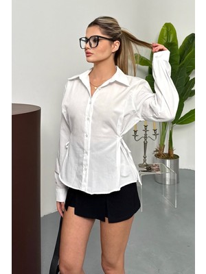 Kadın Uzun Kollu Yanı Bağlama Detaylı Pamuklu Gömlek Beyaz - 26Y 2004