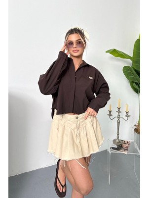 Kadın Uzun Kollu Aksesuar Detaylı Crop Gömlek Kahverengi - 26Y 2126