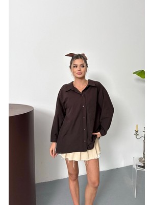 Kadın Uzun Kollu Tek Cepli Salaş Gömlek Kahverengi - 26Y 2131