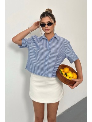 Kadın Kısa Kollu Çizgili Gömlek Lacivert - 26Y 2124